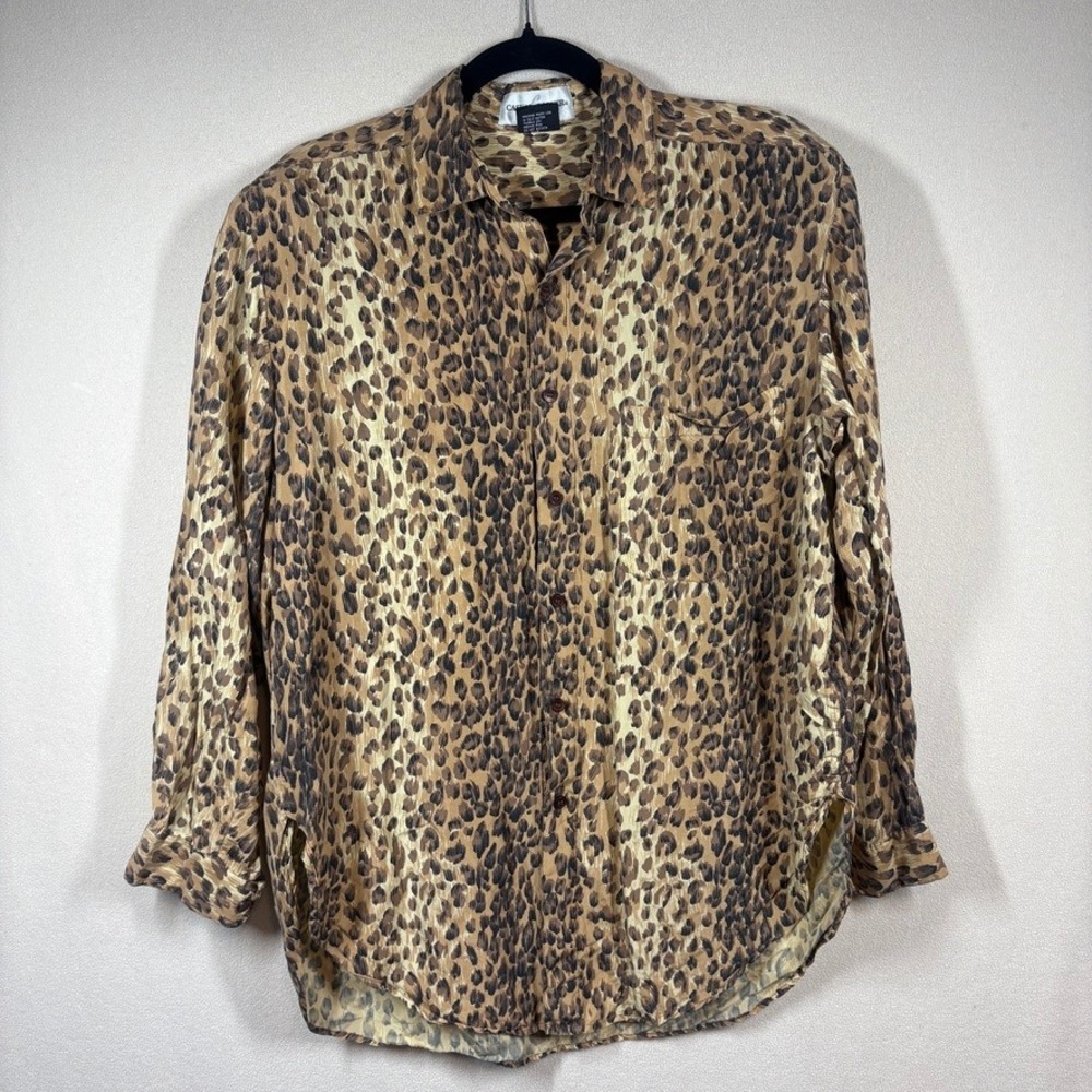 Vtg Casual Corner Womens Silk Leopard Print Button Down Shirt M Brown Tan Indie